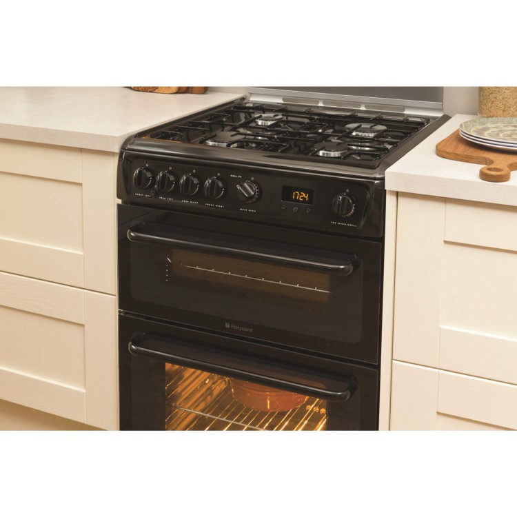 Hotpoint 60cm Double Oven Gas Cooker with Lid - Black
