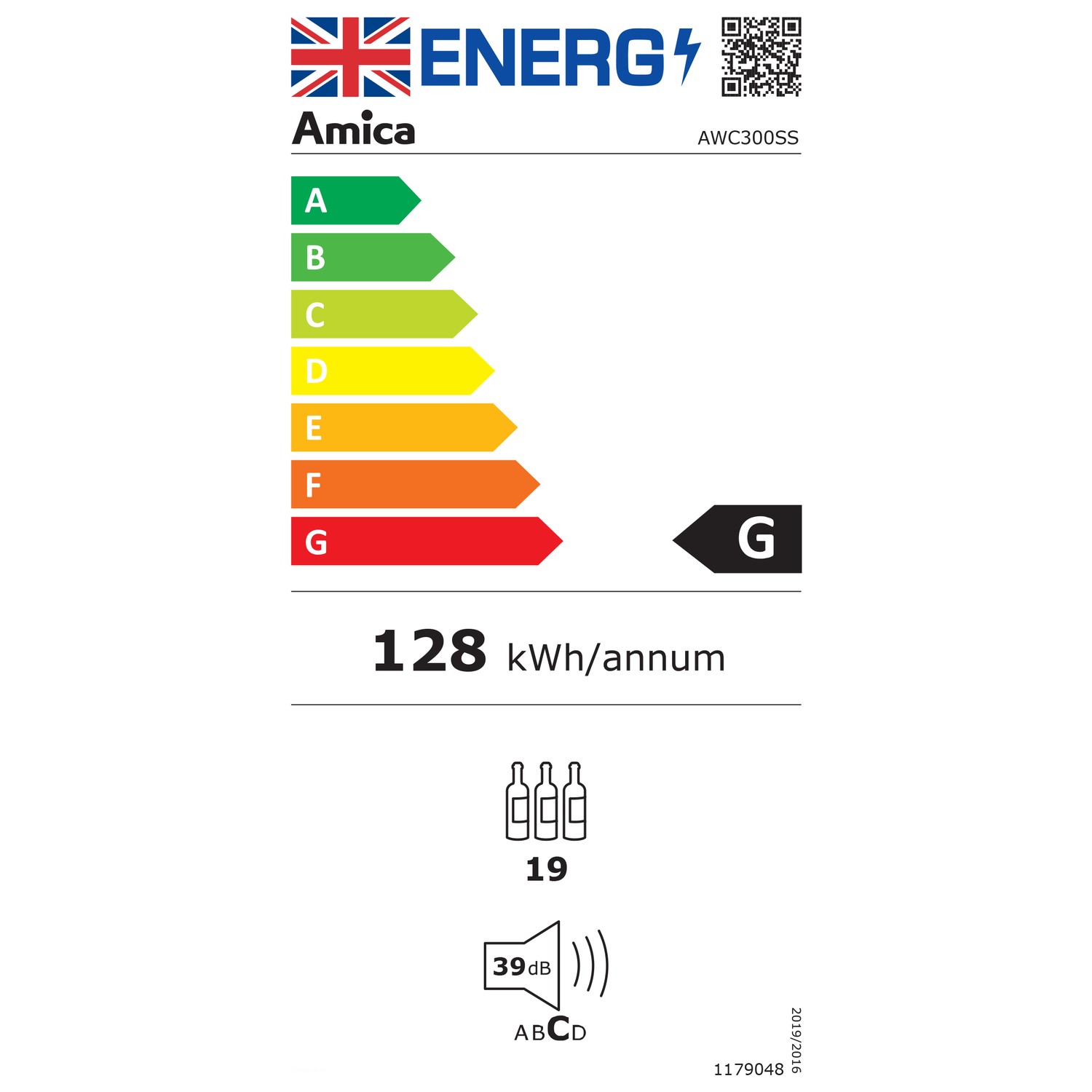 Amica 19 Bottle Single Zone Freestanding Under Counter Wine Cooler