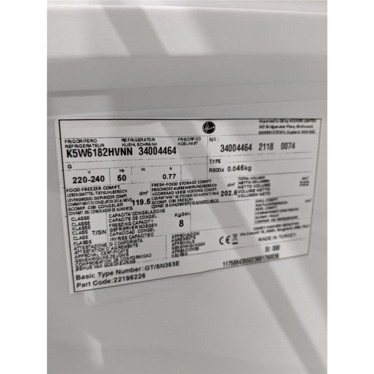 Refurbished Hoover K5W6182HVNN K5W6182HVN Total No Frost Freestanding Fridge Freezer White