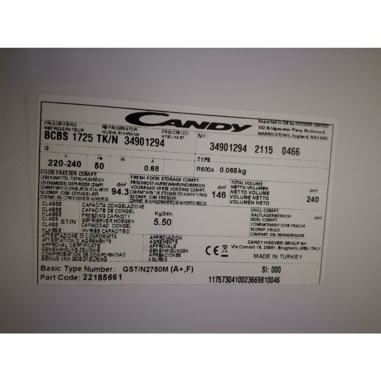 Refurbished Candy BCBS1725TK/N Integrated 242 Litre 50/50 Fridge Freezer White