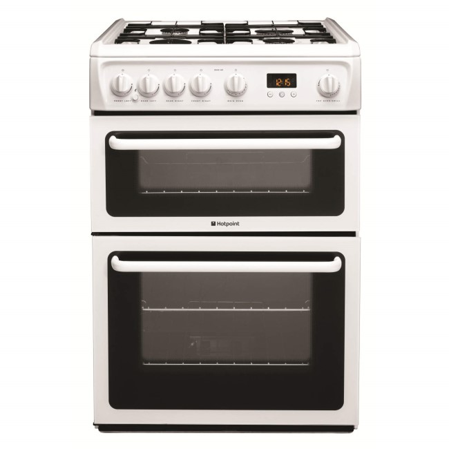 Refurbished Hotpoint HAG60P 60cm Double Oven Gas Cooker White