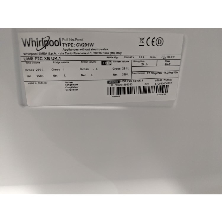 Refurbished Whirlpool UW8F2CXB 270 Litre Freestanding Upright Freezer 188cm Tall Frost Free 60cm Wide Stainless Steel