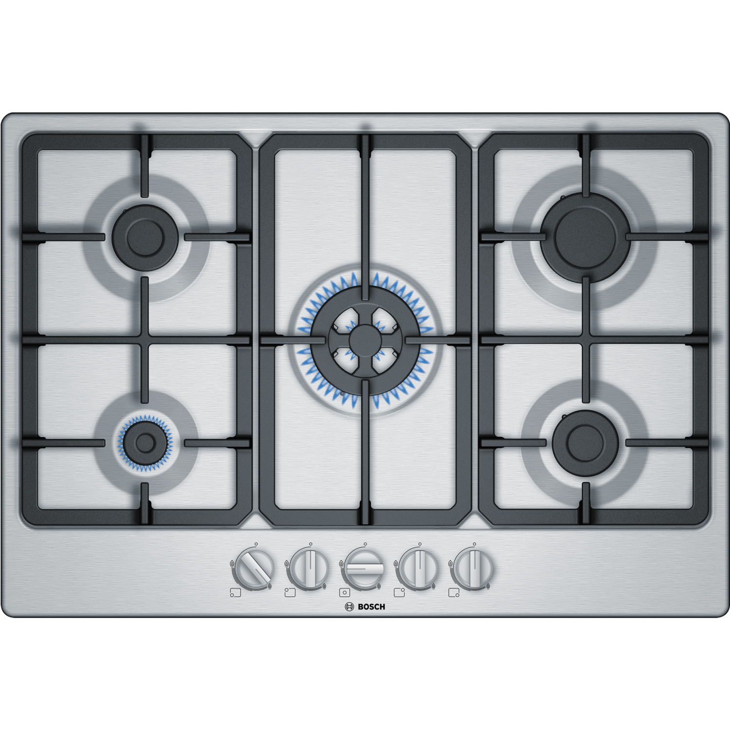 Refurbished Bosch PGQ7B5B90 75cm 5 Burner Gas Hob With Cast Iron Pan Stands Stainless Steel