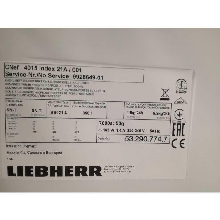 Refurbished Liebherr Comfort CNef4015 Freestanding 356 Litre 60/40 Frost Free Fridge Freezer Stainless Steel