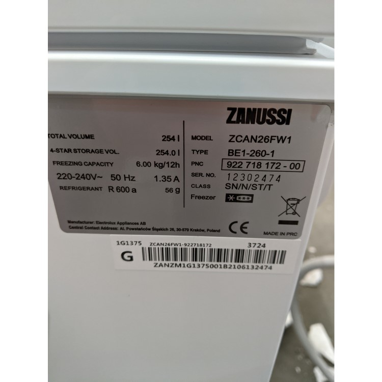 Refurbished Zanussi ZCAN26FW1 254 Litre Chest Freezer White