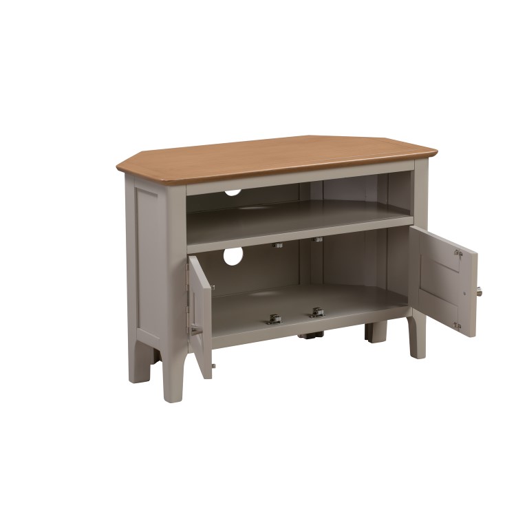 Corner TV Unit in Grey and Solid Oak with Storage - TV's up to 32" - Adeline