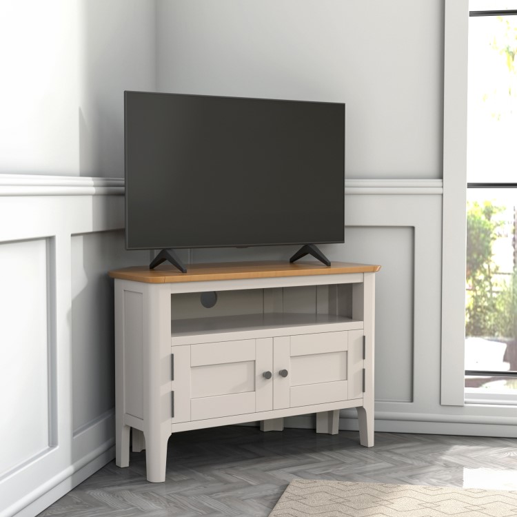 Corner TV Unit in Grey and Solid Oak with Storage - TV's up to 32" - Adeline