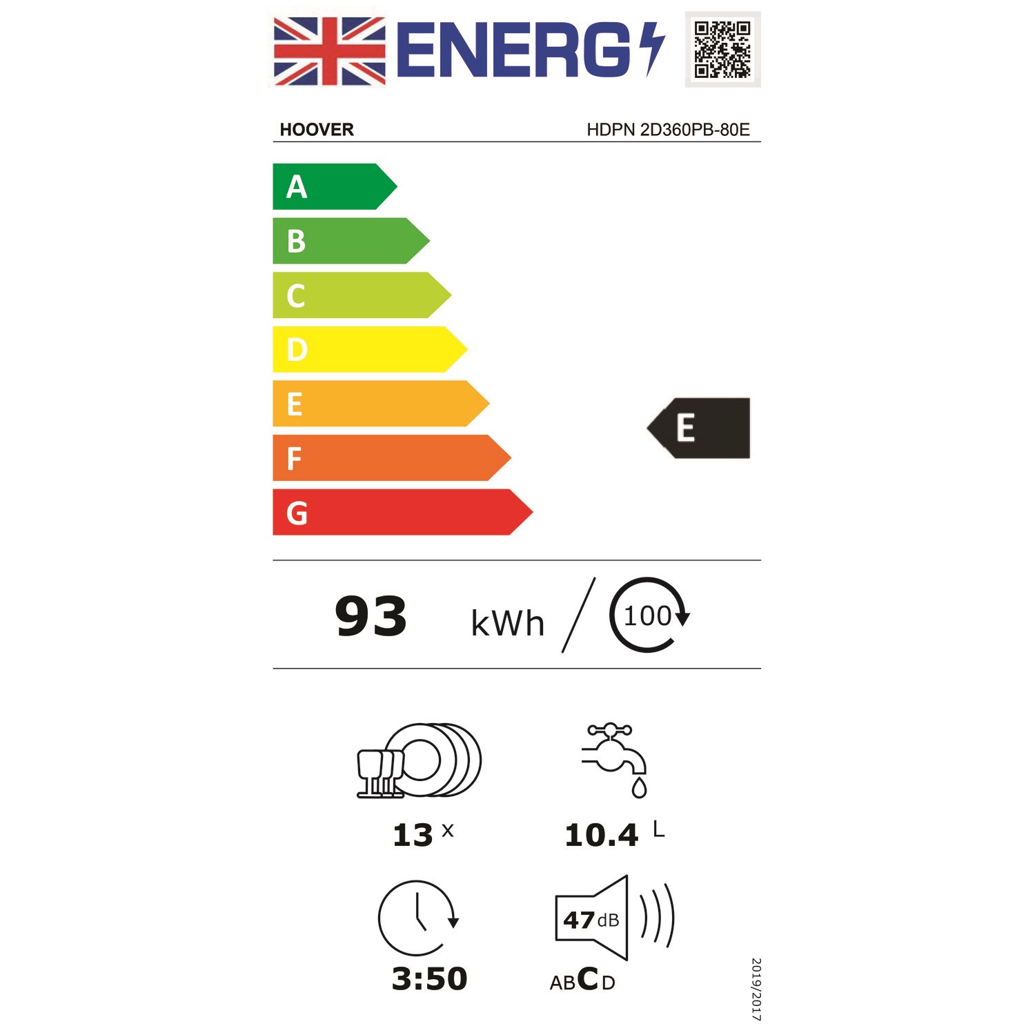 Hoover 13 Place Settings Freestanding Dishwasher Black HDPN2D360PB