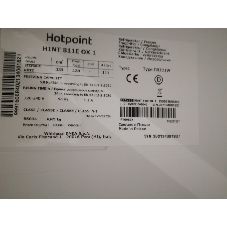 Refurbished Hotpoint H1NT811EOX1 Freestanding 339 Litre 60/40 Fridge Freezer Stainless Steel