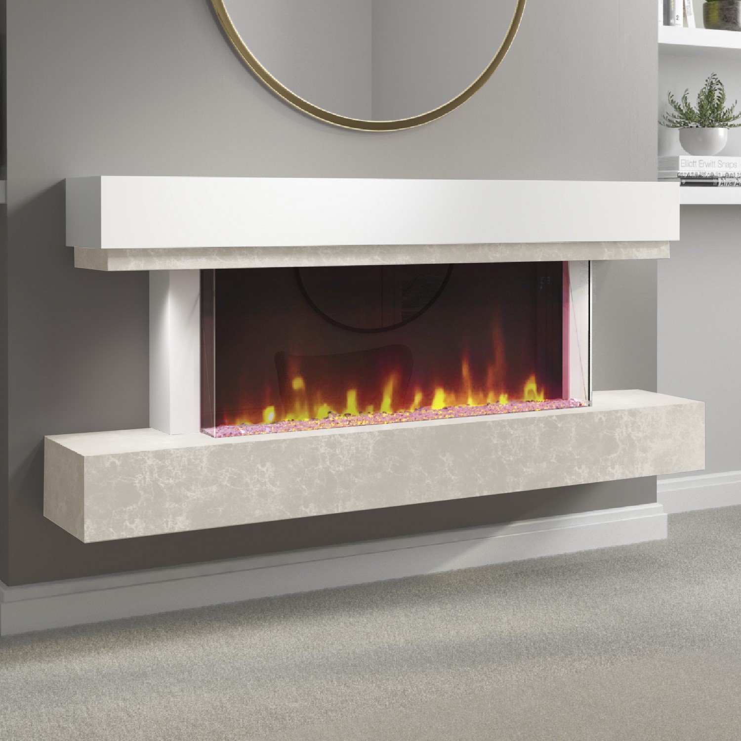 White and Beige Concrete Effect Wall Mounted Alexa Electric Fireplace