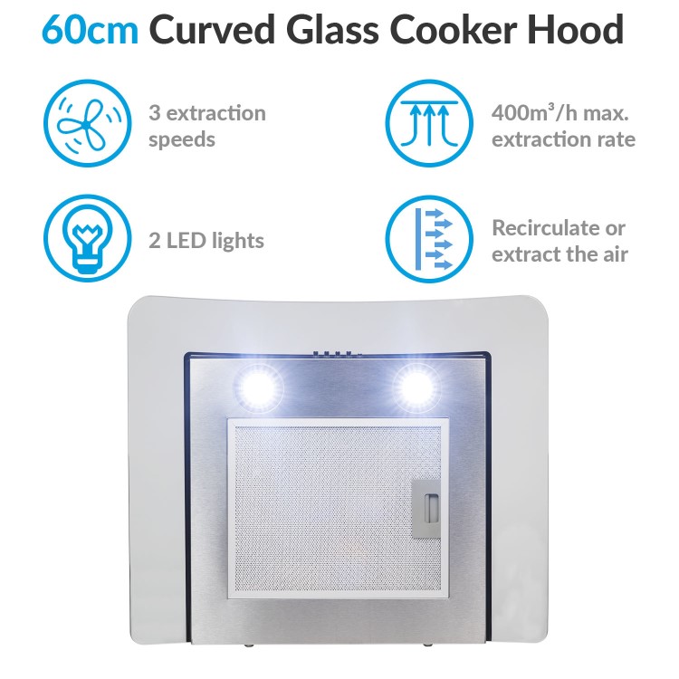 GRADE A2 - electriQ 60cm Stainless Steel Curved Glass Chimney Cooker Hood 