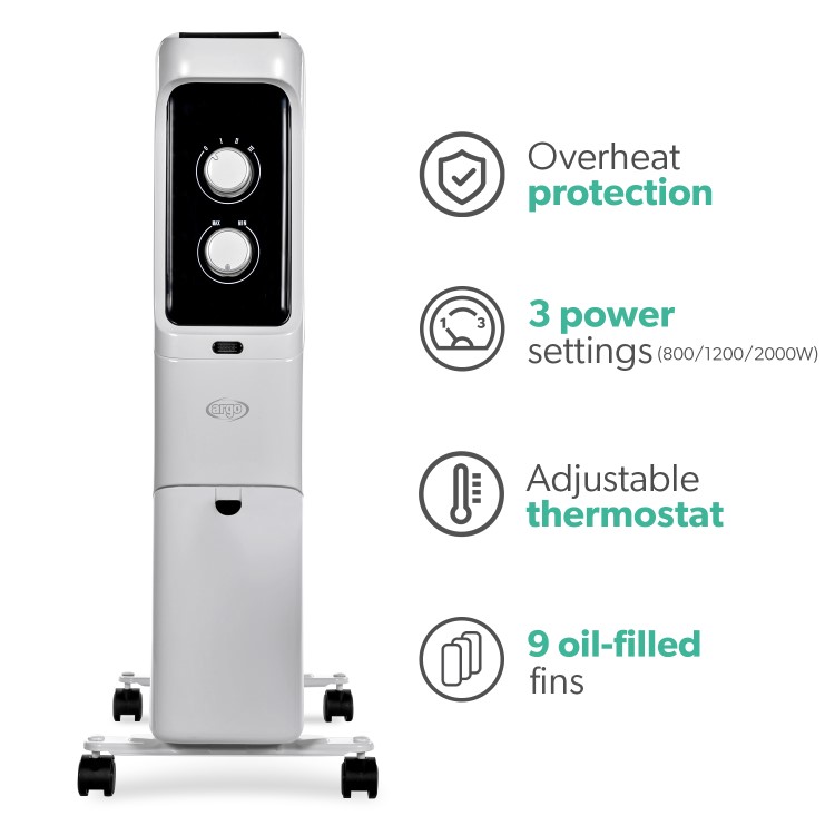 Refurbished Argo Whisper 2 kw Portable Oil Filled Radiator 8 Fin with Thermostat