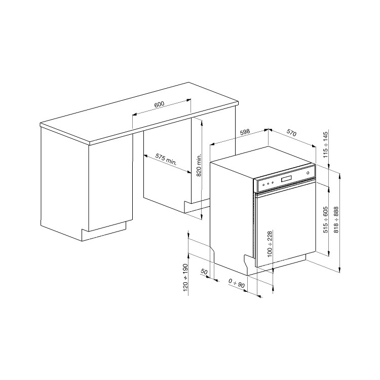 Refurbished Smeg Cucina DD13E2 12 Place Semi-Integrated Dishwasher Stainless Steel Control Panel