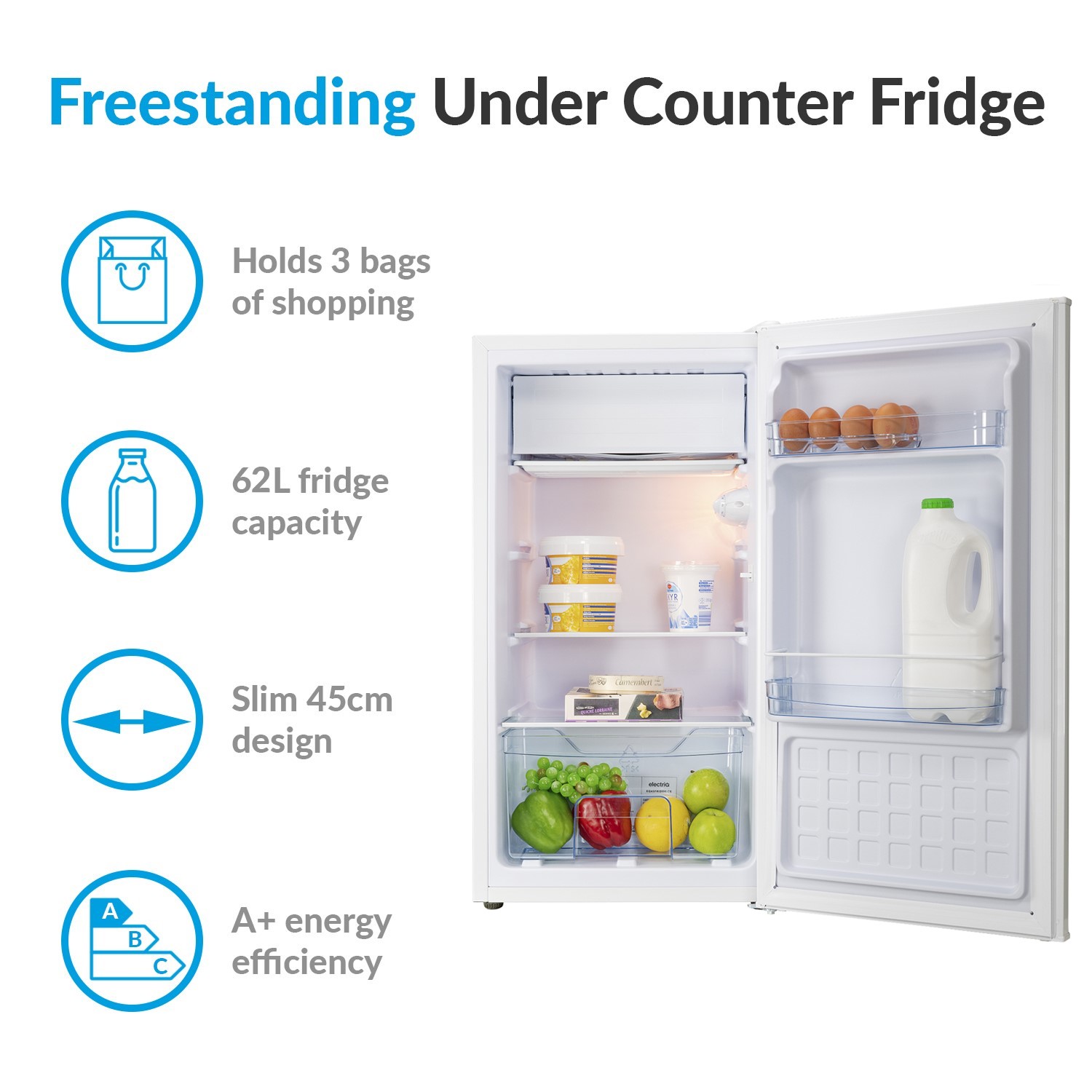 GRADE A3 electriQ 62 Litre Freestanding Under Counter Fridge with Ice