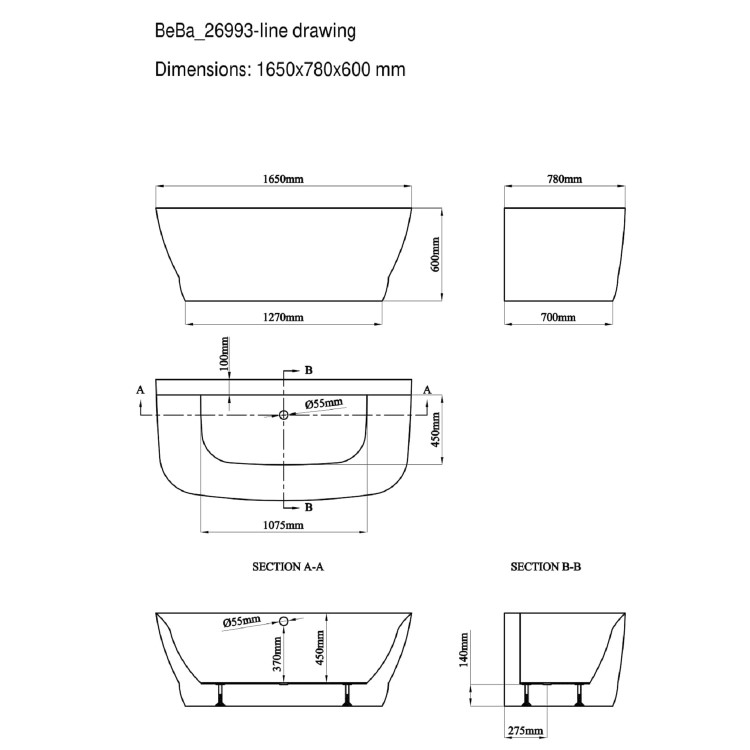 GRADE A1 - Manilla Freestanding Bath Double Ended Back To Wall - 1650 x 780mm