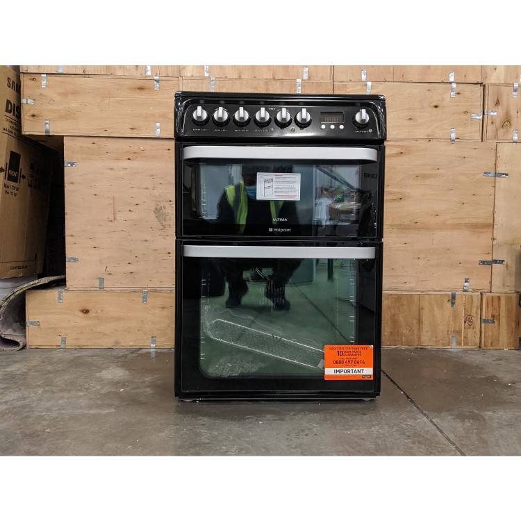 Refurbished Hotpoint Ultima HUE61K 60cm Double Oven Electric Cooker with Ceramic Hob Black