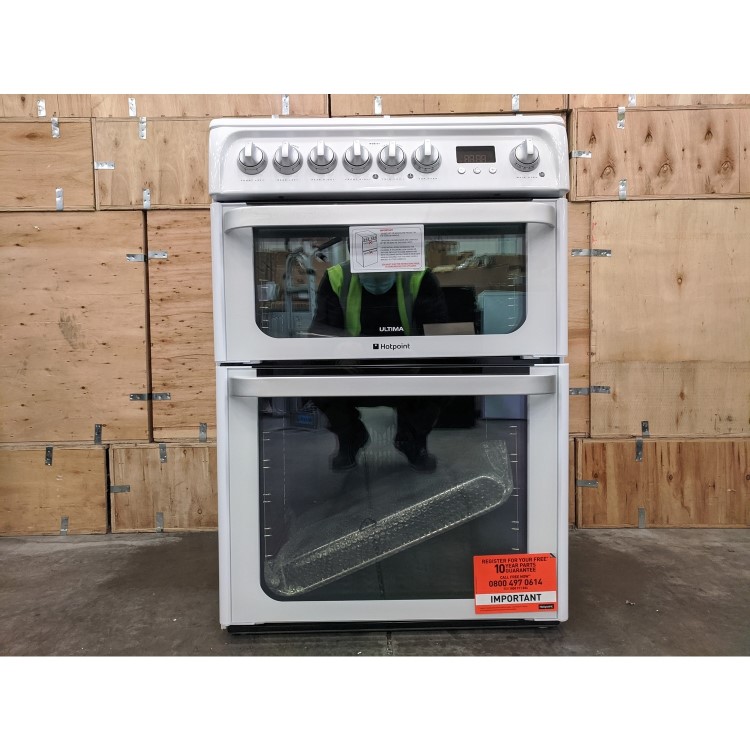Refurbished Hotpoint Ultima HUE61PS 60cm Double Oven Electric Cooker with Ceramic Hob White
