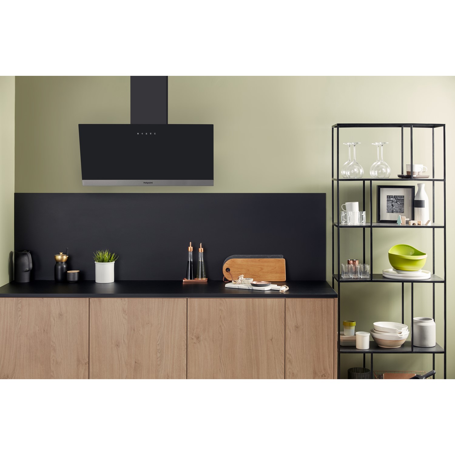 Hotpoint 80cm Angled Cooker Hood in Black PHVP87FLTK Appliances Direct