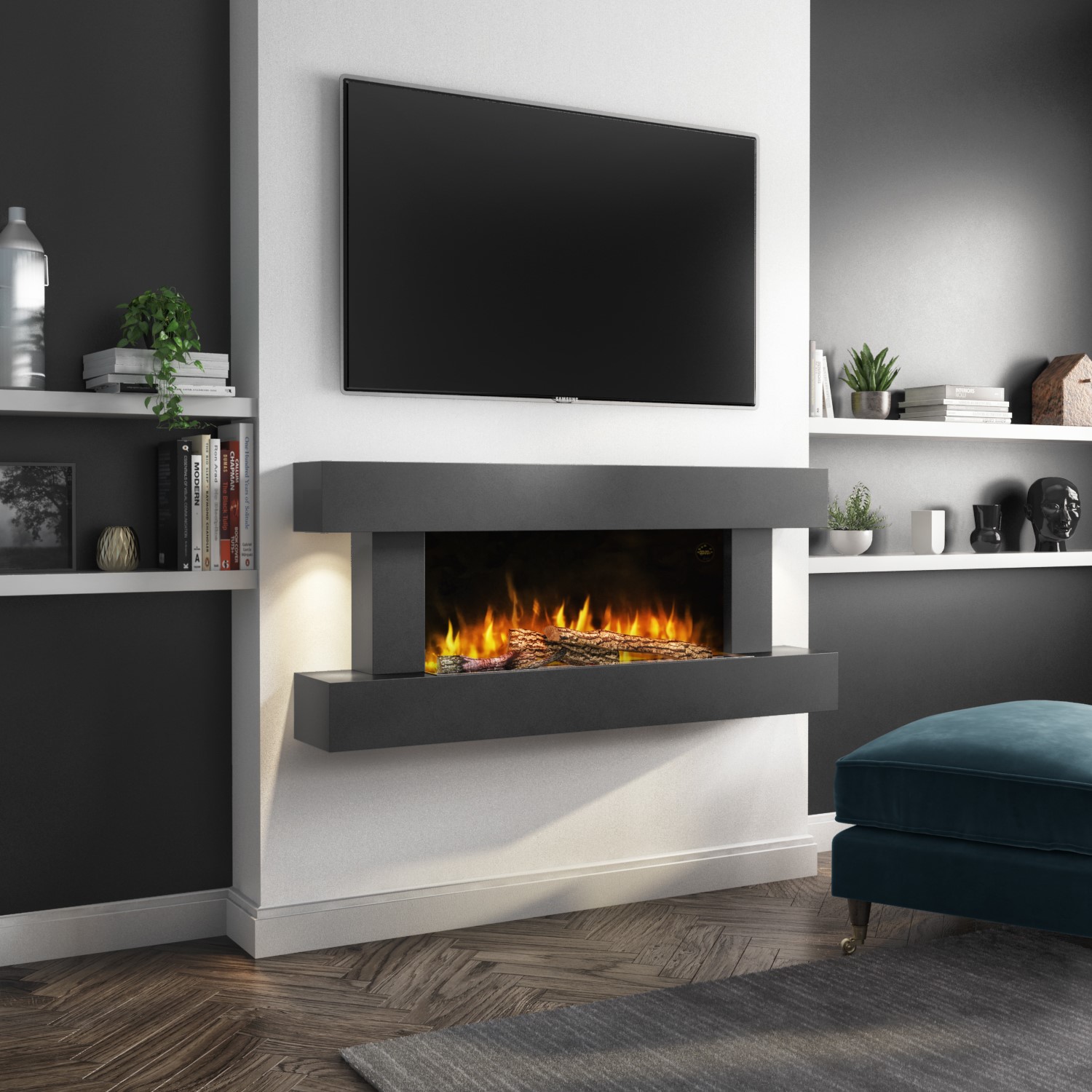 White Wall Mounted Electric Fireplace With LED Light Storage Shelf