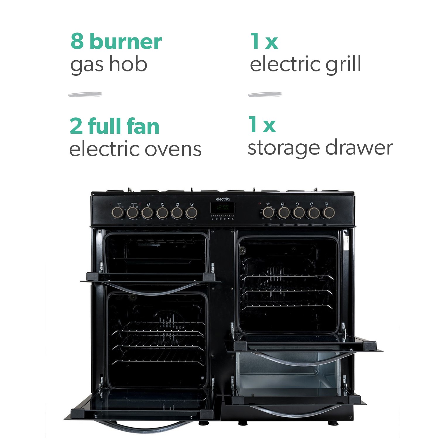 electriQ 100cm Dual Fuel Double Oven Range Cooker Black