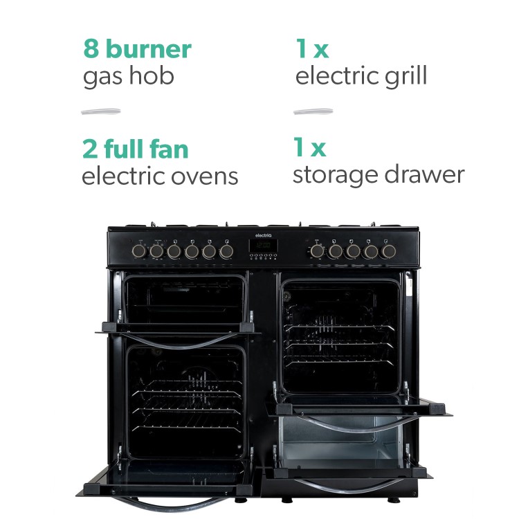 electriQ 100cm Dual Fuel Double Oven Range Cooker - Black
