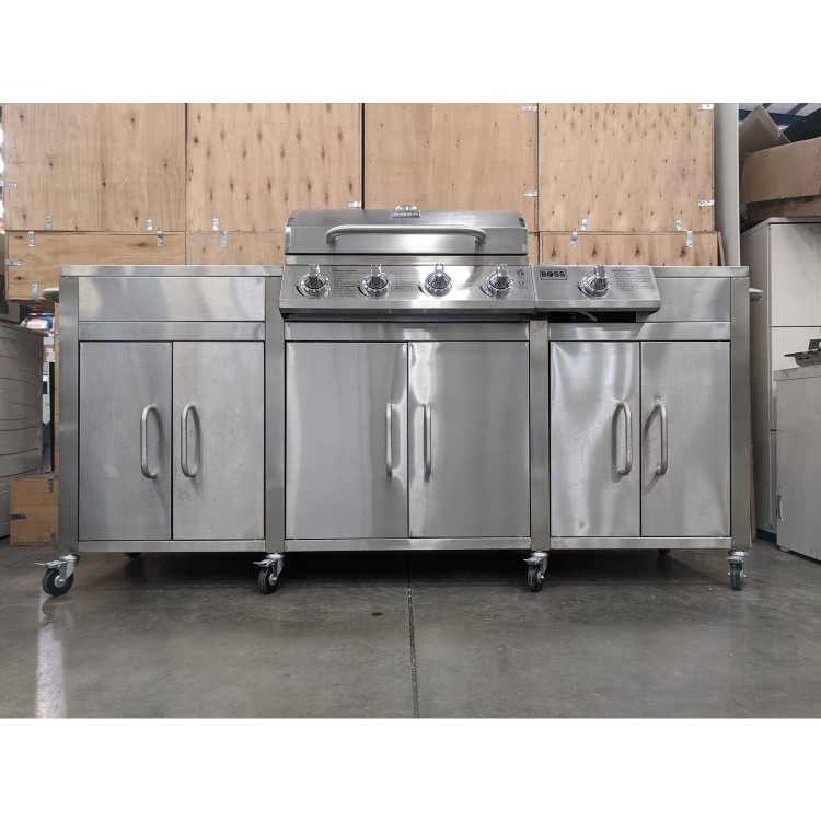 Refurbished Boss Grill Texas Premium Outdoor Kitchen - 4 Burner Gas BBQ Grill with Side Burner - Stainless Steel