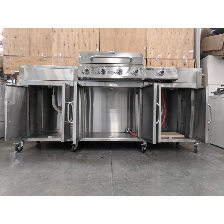 Refurbished Boss Grill Texas Premium Outdoor Kitchen - 4 Burner Gas BBQ Grill with Side Burner - Stainless Steel