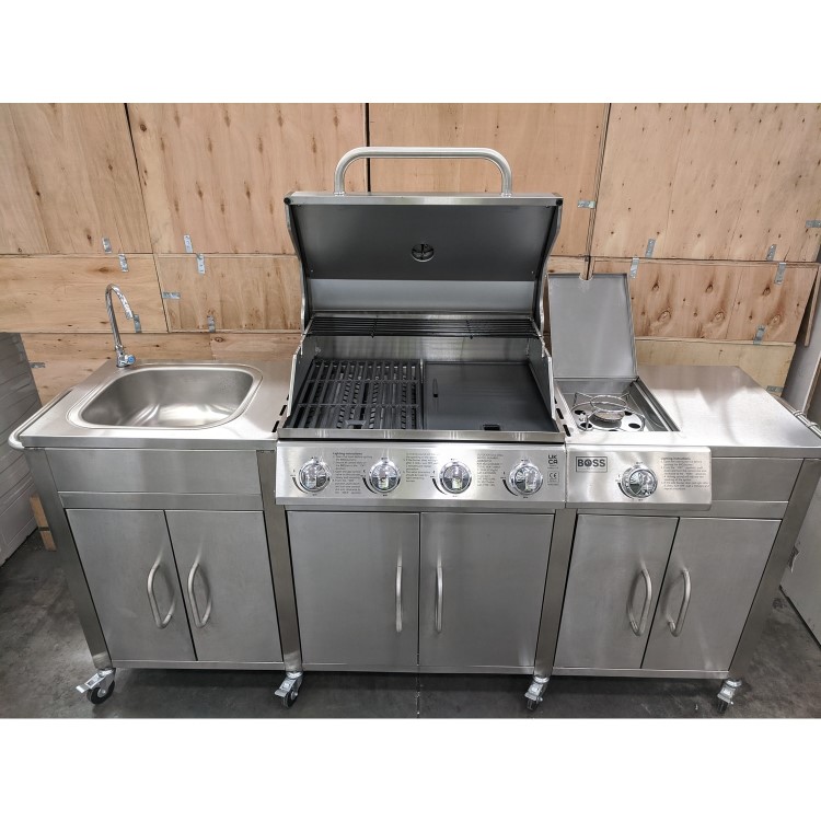 Refurbished Boss Grill Texas Premium Outdoor Kitchen - 4 Burner Gas BBQ Grill with Side Burner - Stainless Steel