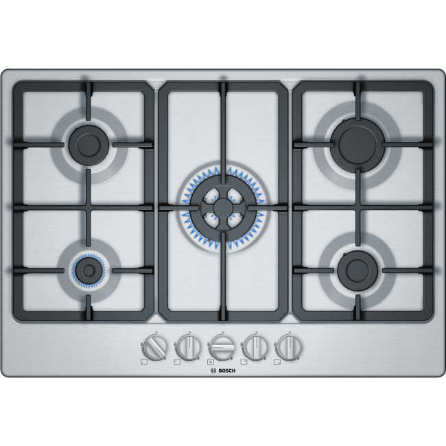 Refurbished Bosch PGQ7B5B90 75cm Five Burner Gas Hob With Cast Iron Pan Stands - Stainless Steel