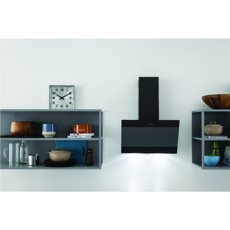 GRADE A2 - Indesit IHVP66LMK 60cm Angled Glass Cooker Hood - Black