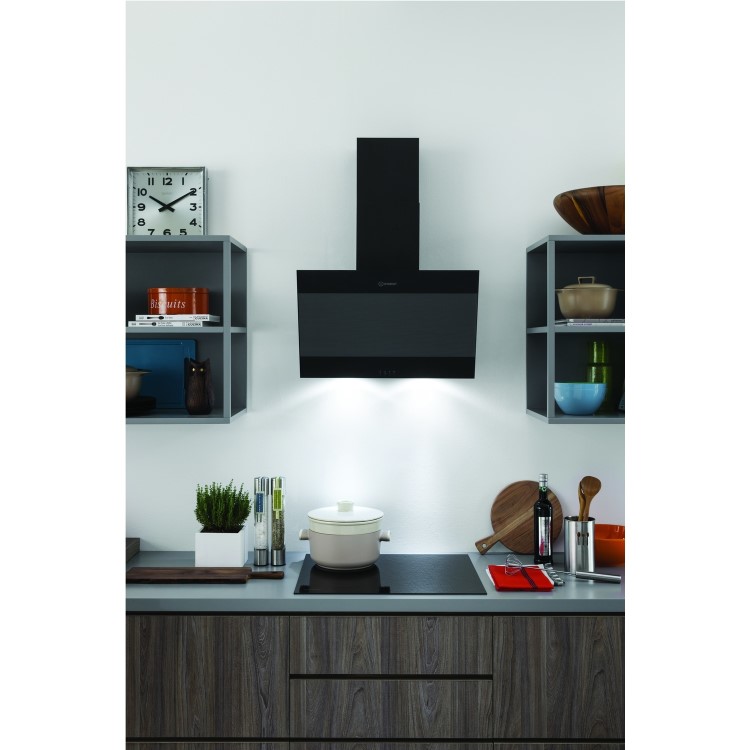 GRADE A2 - Indesit IHVP66LMK 60cm Angled Glass Cooker Hood - Black