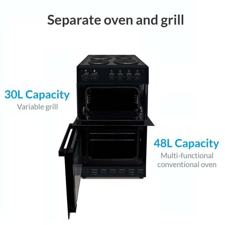 electriQ 50cm Double Cavity Electric Cooker with Sealed Plate Hob - Black