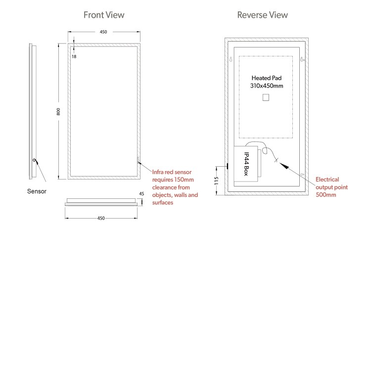 Rectangular LED Bathroom Mirror with Demister 450 x 800mm- HiB Globe 45