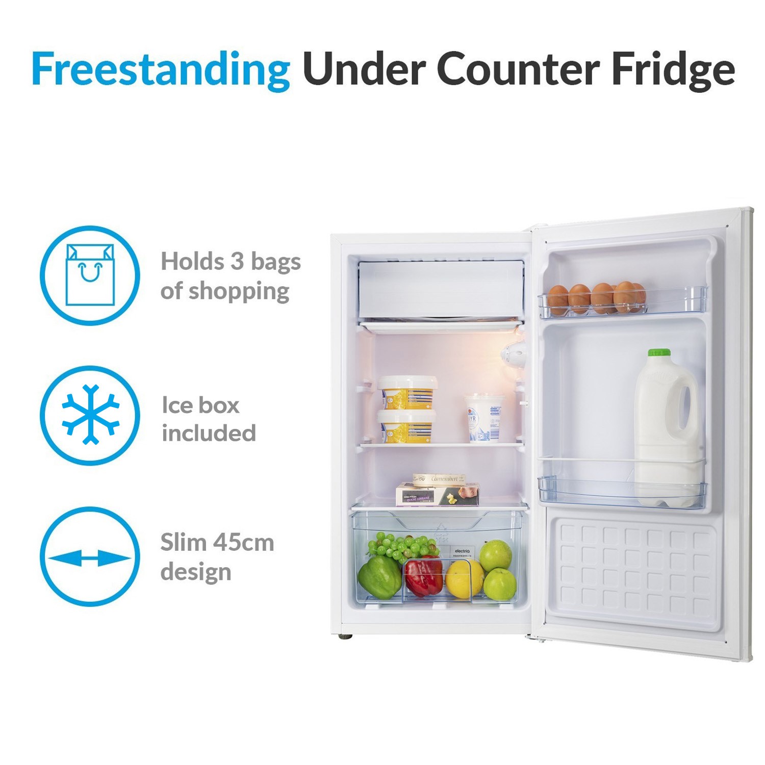 electriQ 62 Litre Freestanding Under Counter Fridge with Ice Box