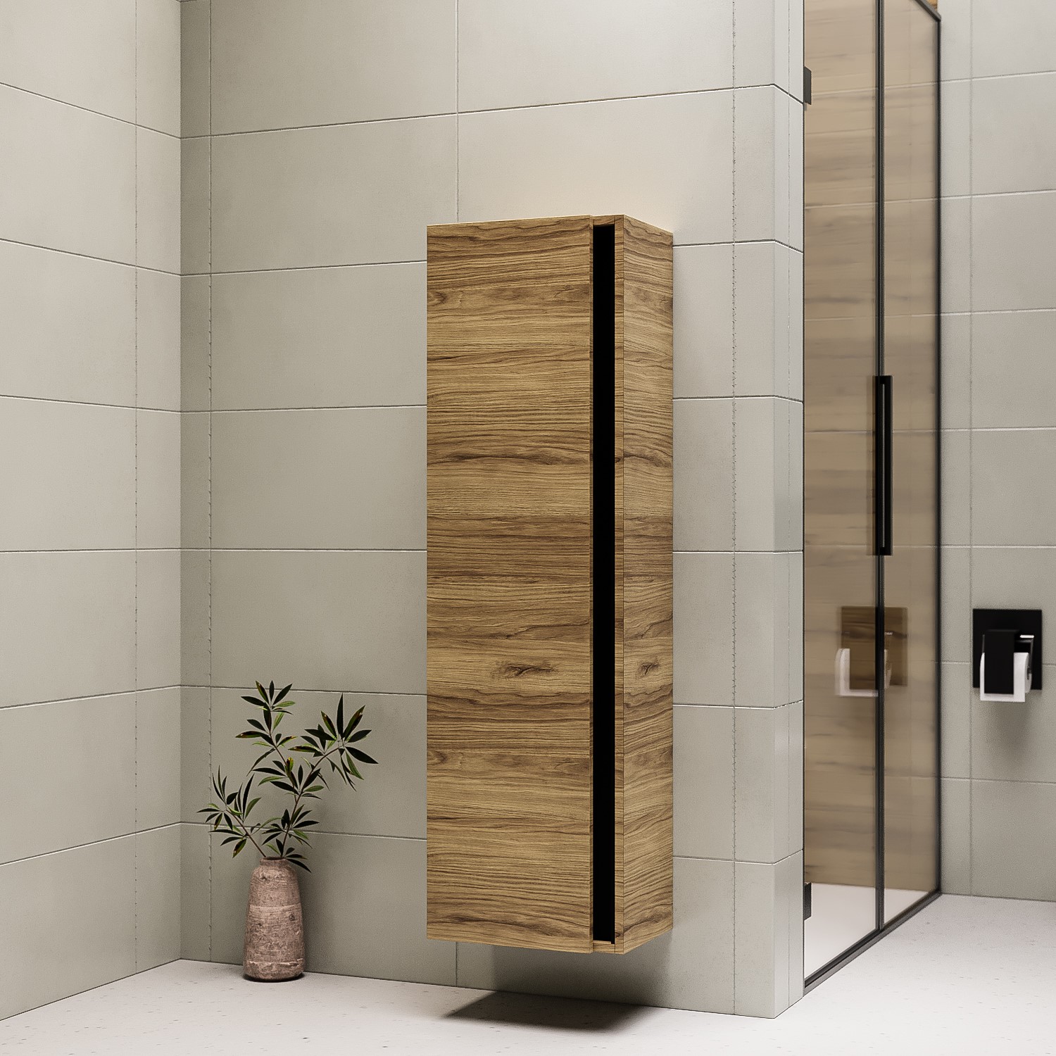 Wood Effect Wall Mounted Tall Bathroom Cabinet 420mm - Roxbi
