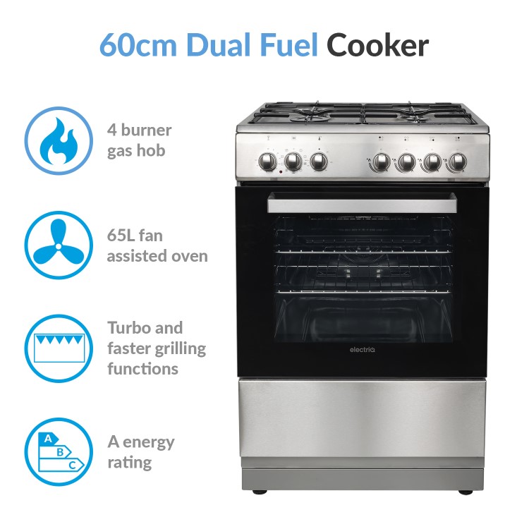 Refurbished electriQ EQDFSC60A 60cm Dual Fuel Single Oven Cooker Stainless Steel