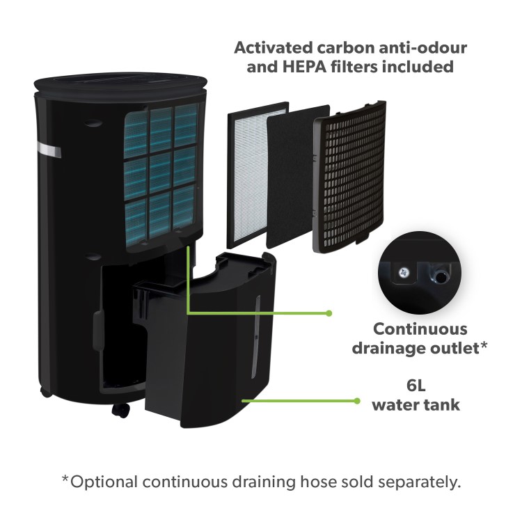 Refurbished electriQ 12L Low-Energy Quiet Laundry Dehumidifier and HEPA Air Purifier - Black
