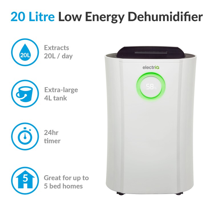 Refurbished electriQ 20L Low-Energy Quiet Laundry Dehumidifier with HEPA UV Air Purifier
