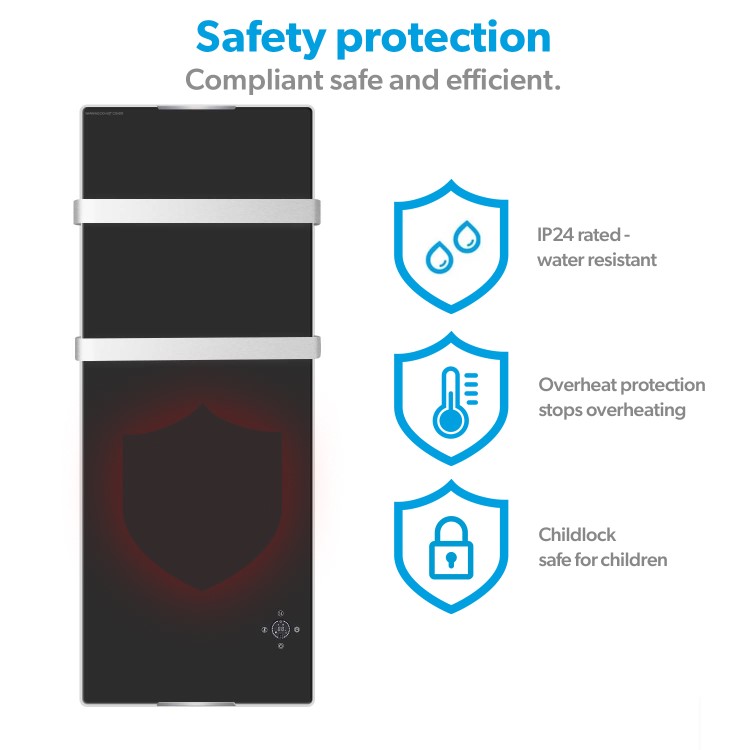 Refurbished electriq 1200W Smart Wall Mounted Designer Glass Heater with Towel Rails - Black