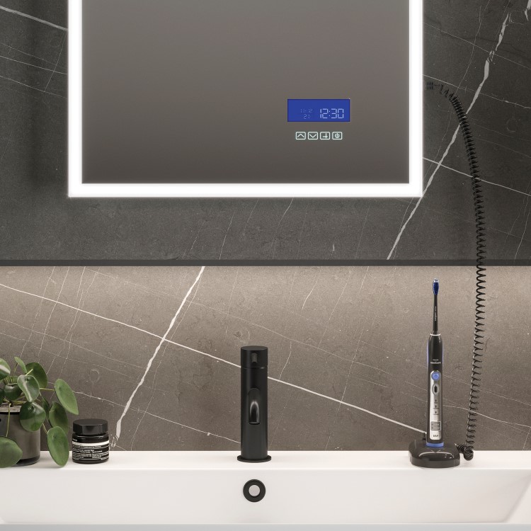 Rectangular Heated Bathroom Mirror with Lights Digital Display Shaver Socket & Bluetooth Speakers 500 x 700mm- HiB Globe Plus 50