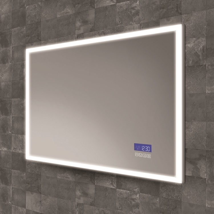 Rectangular Heated Bathroom Mirror with Lights Digital Display Shaver Socket & Bluetooth Speakers 800 x 600mm- hib. Globe Plus 80
