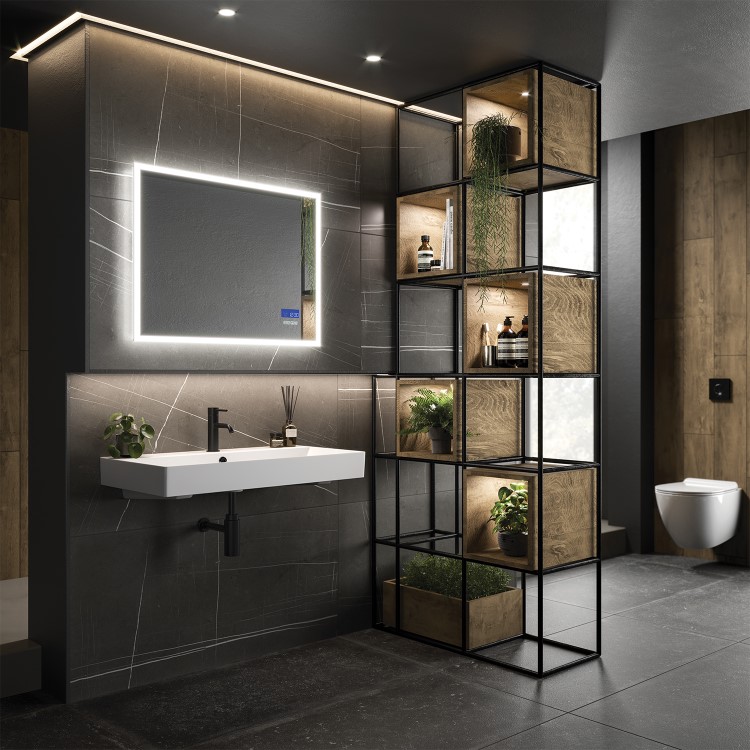 Rectangular Heated Bathroom Mirror with Lights Digital Display Shaver Socket & Bluetooth Speakers 800 x 600mm- hib. Globe Plus 80