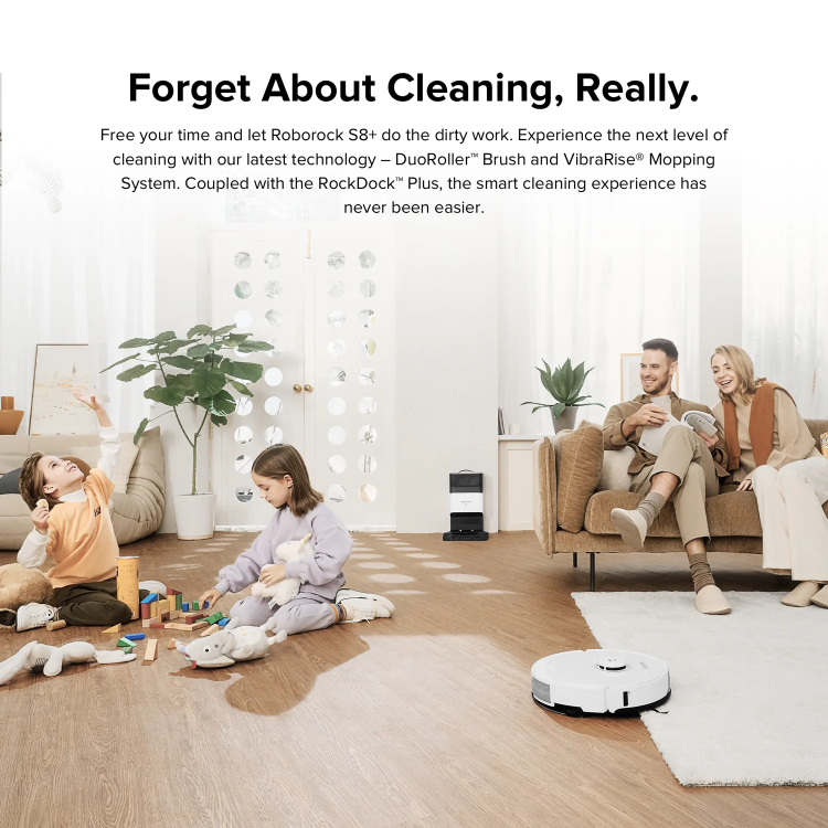 Roborock S8+ Robot Vacuum Cleaner with RockDock Plus DuoRoller Brush and VibraRise Mopping system 6000Pa - White