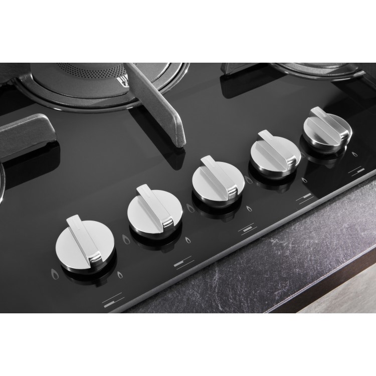 Refurbished Hotpoint FTGHG751DHBK 75cm Gas on Glass 5 Burner Gas Hob with Vertical Flame Black