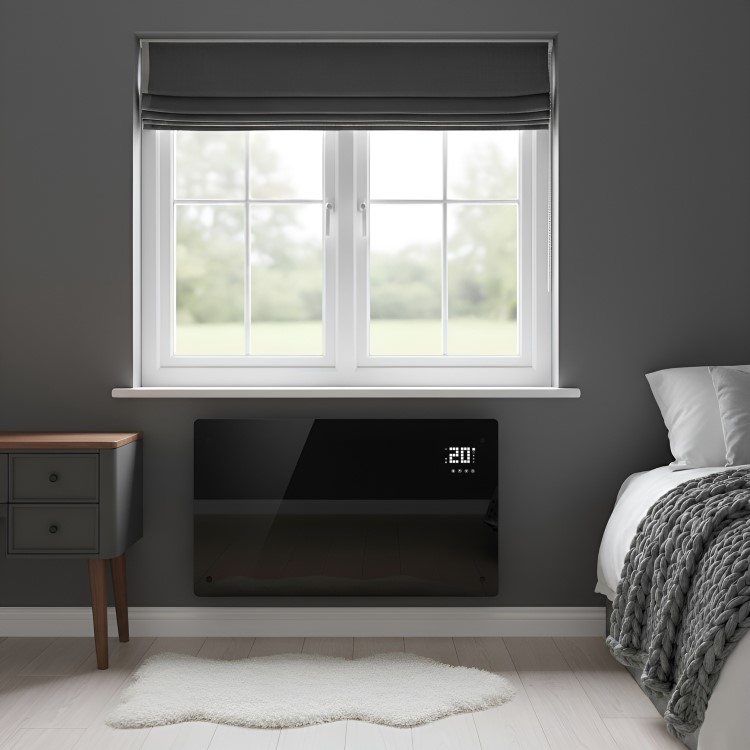 Refurbished electriQ 2500W Smart Designer Glass Panel Convection Heater - Wall Mountable & Bathroom Safe - Black