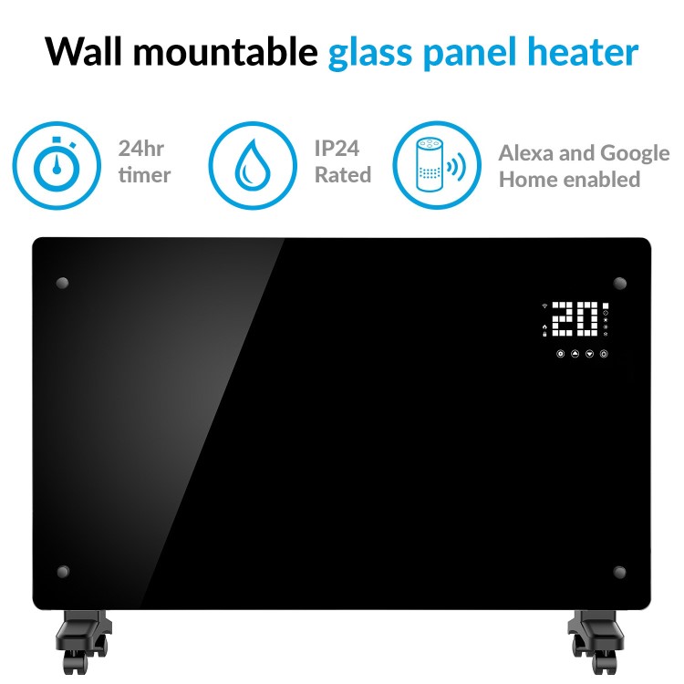 Refurbished electriQ 2500W Smart Designer Glass Panel Convection Heater - Wall Mountable & Bathroom Safe - Black