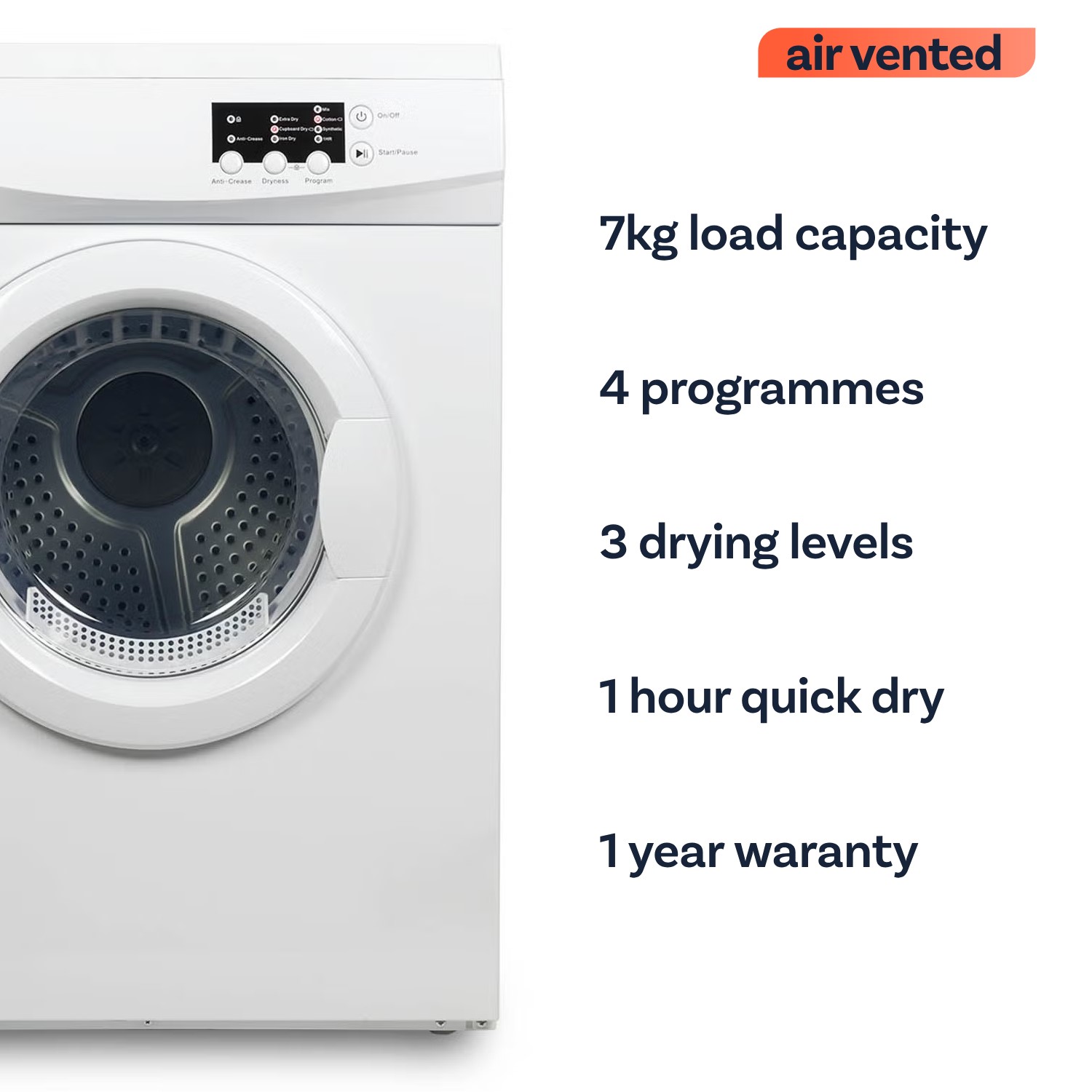 electriQ 7kg Vented Tumble Dryer - Anti-Crease - White electriQ 7kg Vented Tumble Dryer - Anti-Crease - White