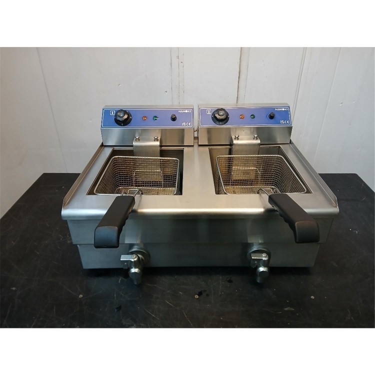 Refurbished Hamoki EF-132V Electric Countertop Fryer 2 x 13ltr Twin Tank With Drain Taps - 2 x 3kW - Commercial Catering Model