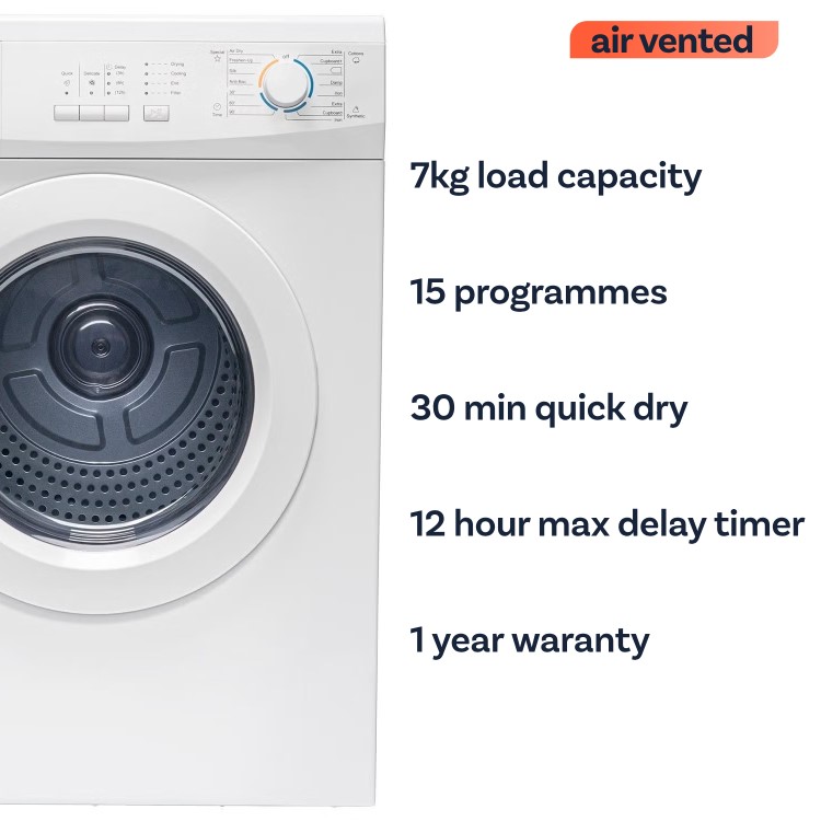 electriQ Series 2 7kg Vented Tumble Dryer - Reverse Action - White