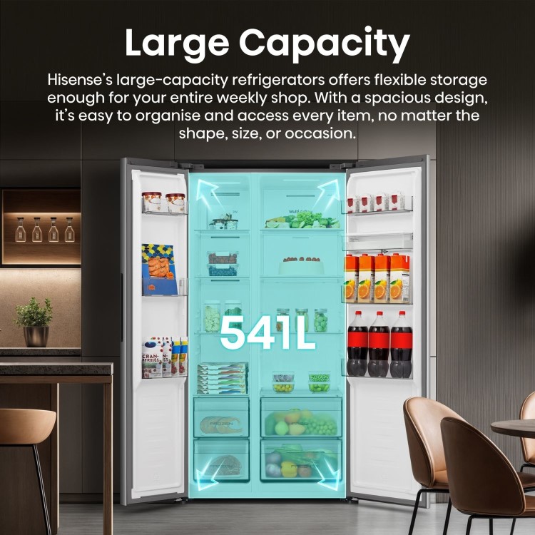 Refurbished Hisense PureFlat 541 Litre Side-by-Side American Fridge Freezer - Silver
